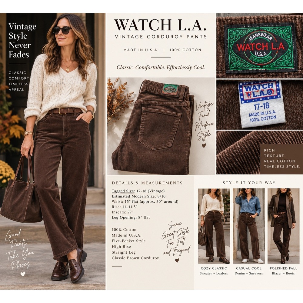 Vintage Watch LA Brown Corduroy Pants Women High Rise Straight Leg Made USA 8/10